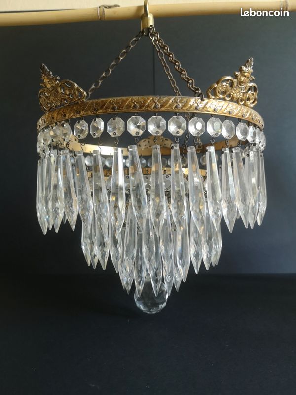 Lustre ancien laiton et pampilles – fin XIXe / début XXe – style Napoléon III (image 5)