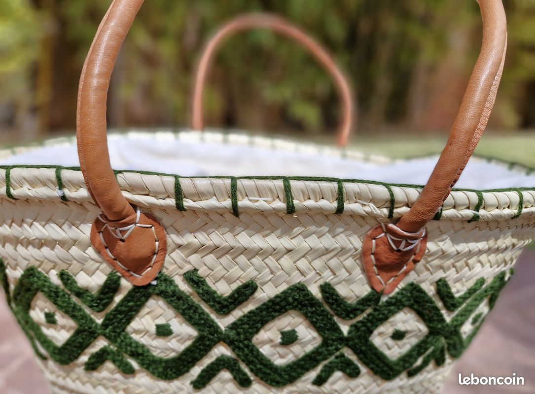 Panier Fourre-Tout en Paille et Cuir VERT – Sac Cabas Marocain