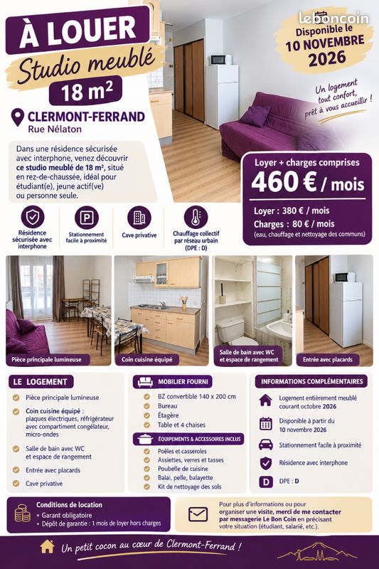 Appartement 1 pièce 18 m² · à Clermont-Ferrand · 18 m² · 460 €/mois