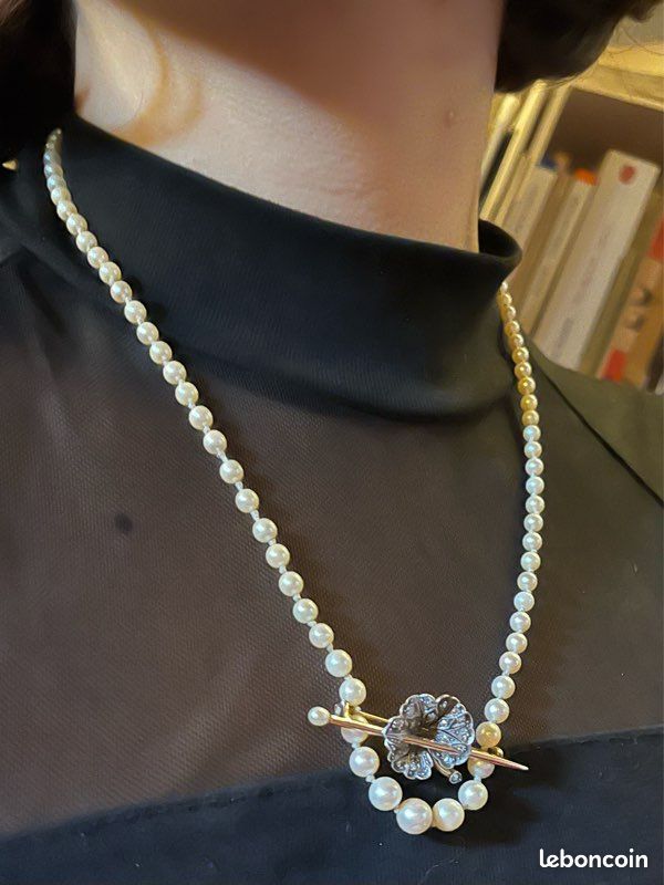 Collier De Perles De Culture Ancien – Fermoir Cristaux – Bijou Vintage 2389