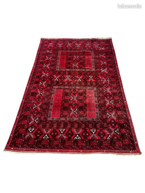 Grand Tapis Afghan Noué Main 306x203 Cm - Laine Rouge, Design Moderne Et Vibrant