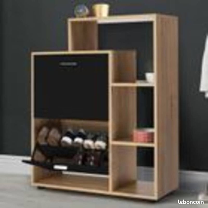 Meuble Rangement Chaussure 2 Rangements Plusieurs Etagères Design Industriel Beige Noir (image 5)
