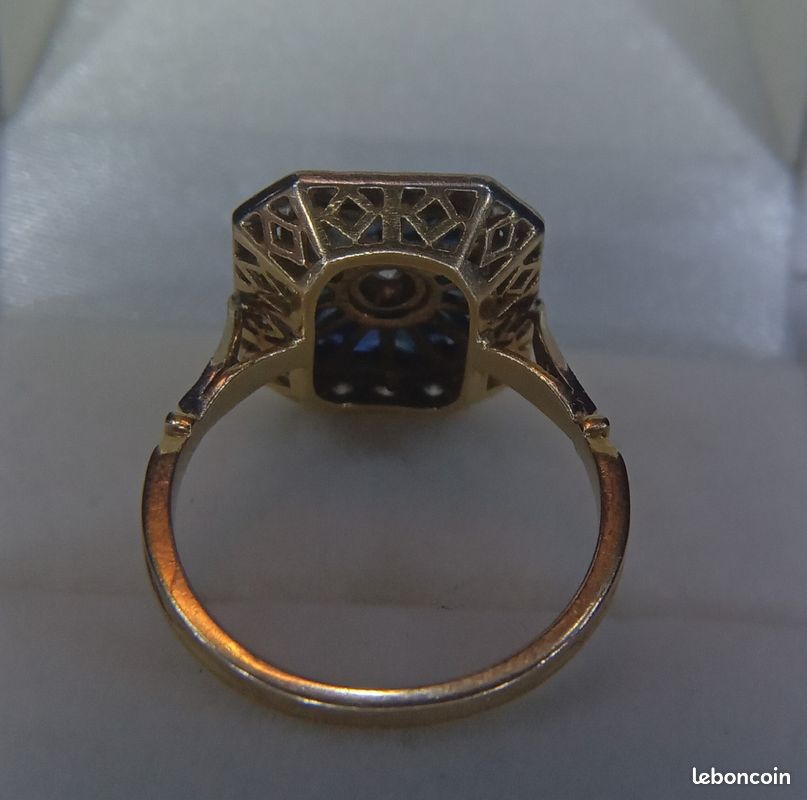 Bague Ancienne Or 18K Et Argent - Saphir Et Diamants - Taille ITA 14 (US 6.8)