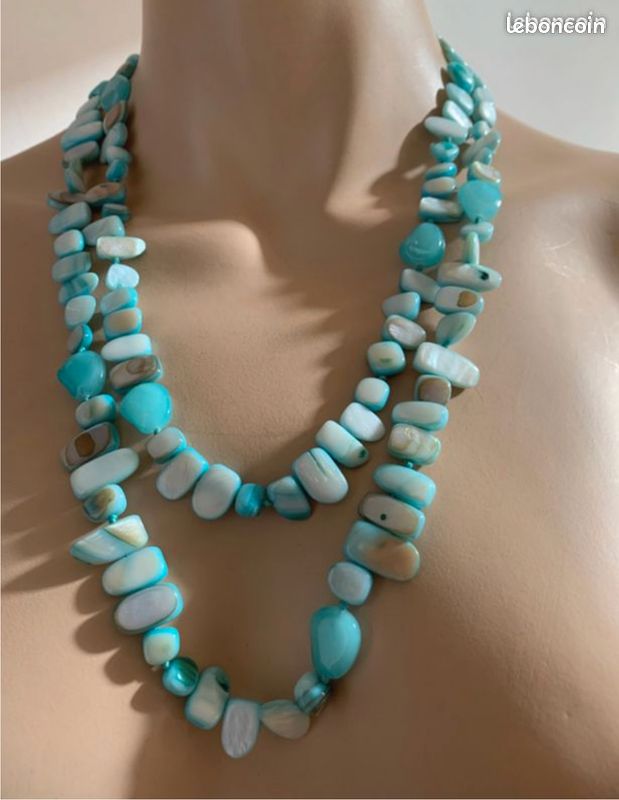 Collier Vintage Perles De Verre Bleu - Occasion Bon état - Bijou Ancien