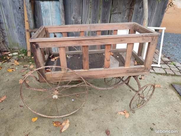 Chariot à Bras Miniature Ancien En Bois - Plateau 15x8 Cm - Pour Poupée Ou Déco