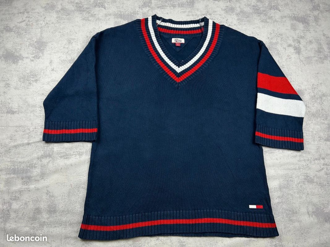 Pull col V Tommy Hilfiger denim preppy cricket 100% coton bleu marine Femme taille S coupe matière (image 2)