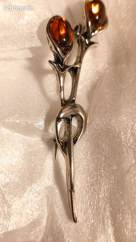 Broche En Ambre De La Baltique Véritable Et Argent Sterling