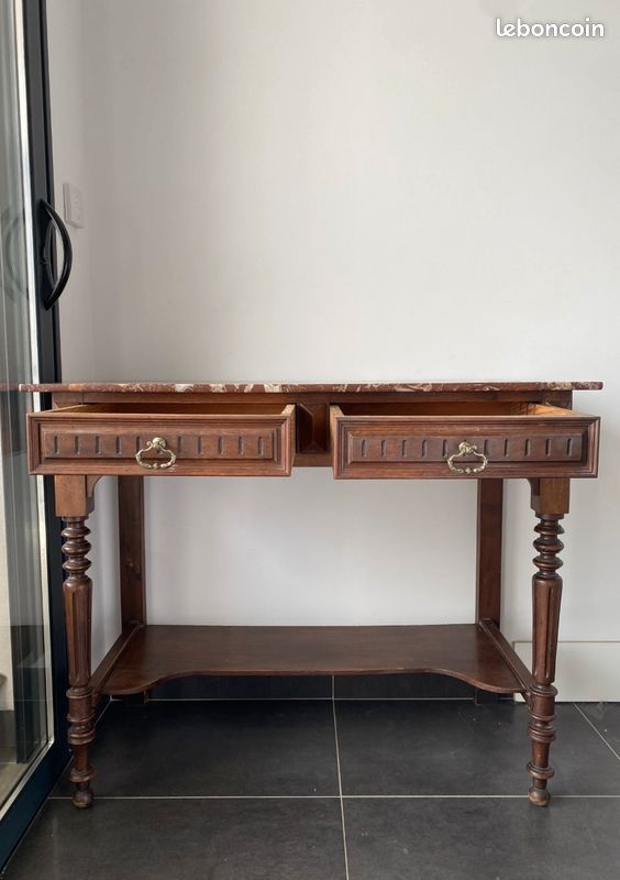 Table Coiffeuse Ancienne Bois Et Marbre – 2 Tiroirs – Très Bon état