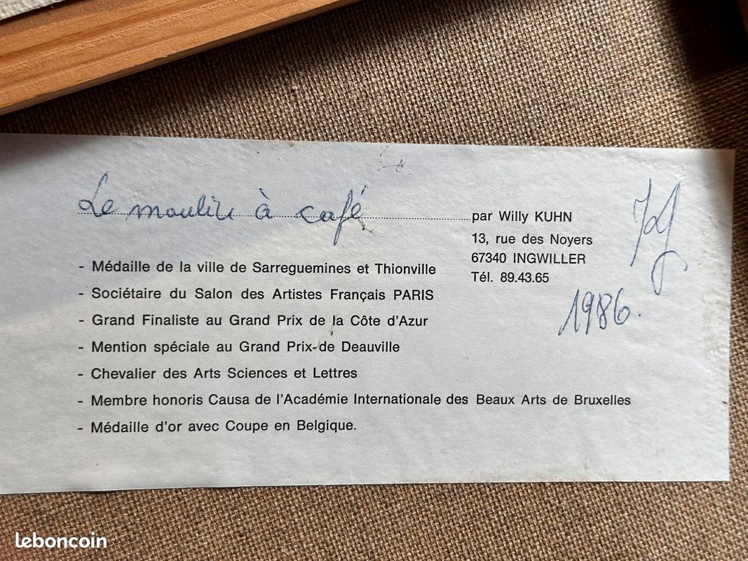Tableau huile signée Willy Kuhn – nature morte moulin à café – encadré bois 40x32 cm (image 4)
