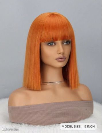 Perruque Synthétique Rousse Orange - Frange Courte Carré 30cm Avec Bonnet Et Bonnet Supplémentaire