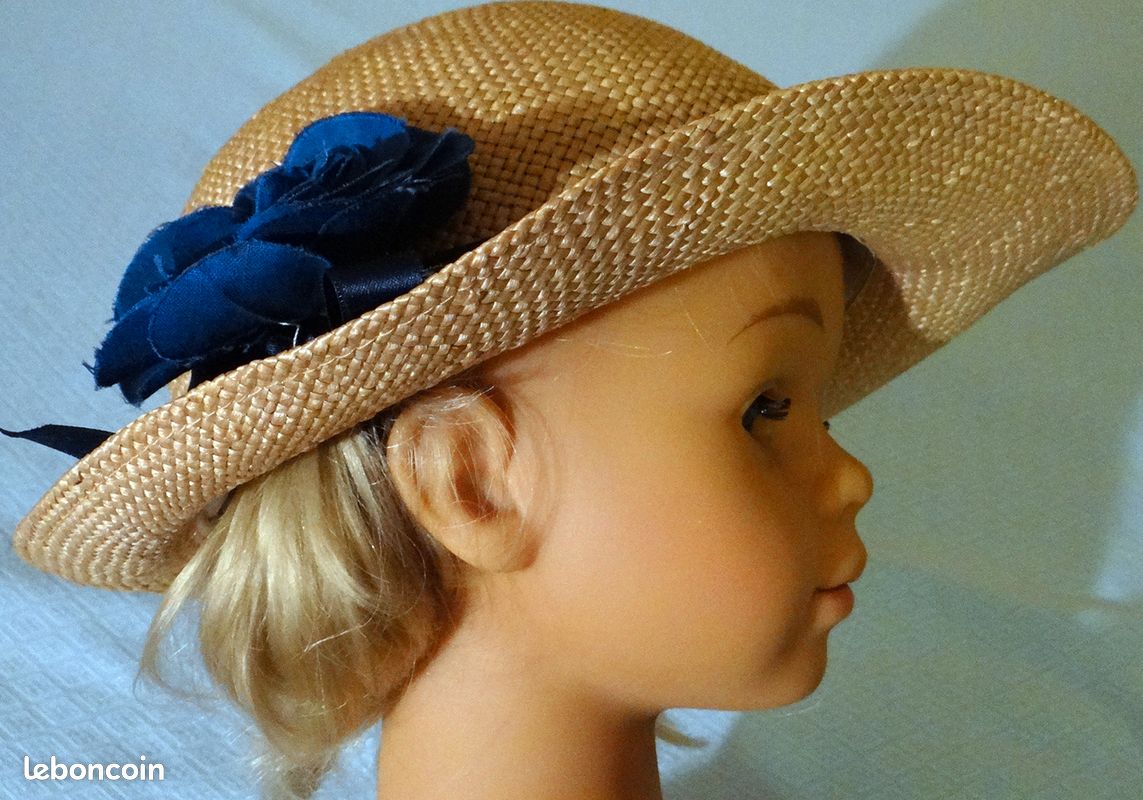 CHAPEAU EN PAILLE NATURELLE 1960 T. 53 cm avec RUBANS FLEUR EN TISSU BLEU mariage, été, défilé vintage, fabriqué en France (image 11)