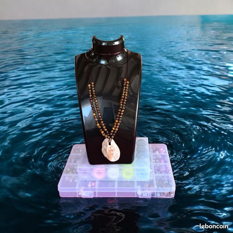 Collier en Pierre Œil de Tigre et Pendentif Coquillage Naturel. Fait Main . Atelier Nature Claudia ✨ (image 5)