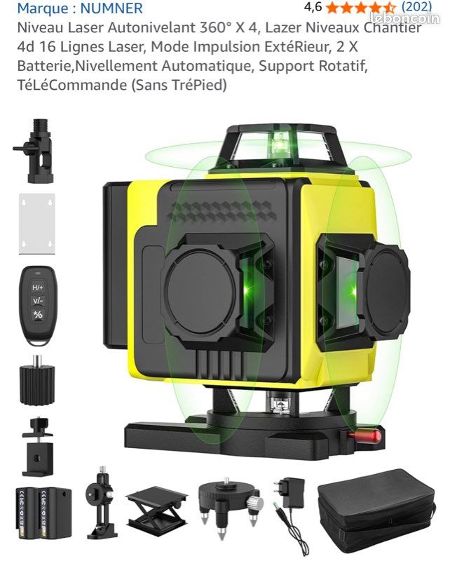 Professional Niveau Laser Autonivelant 360° X 4, Lazer Niveaux Chantier 4d 16 Lignes Laser, Mode Impulsion ExtéRieur, 2 X Batterie,Nivellement Automatique, Support Rotatif, TéLéCommande (image 2)