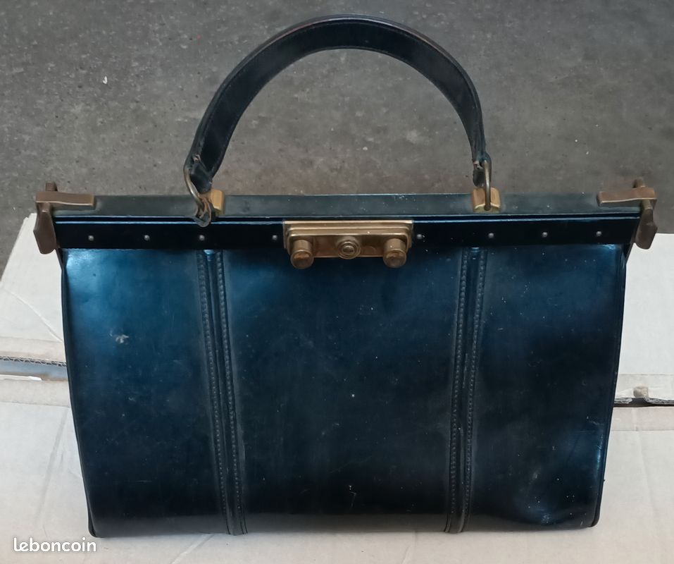 Sac à main ancien en cuir noir (image 1)