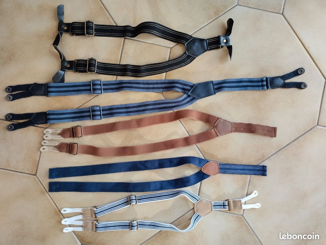 Lot De 2 Paires De Bretelles Anciennes Pour Enfant - Bordeaux Et Noir à Rayures