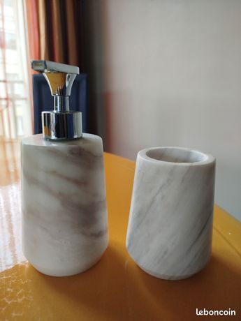 Lot 4 Accessoires Salle De Bain Céramique Marbré Rose - Distributeur Savon, Porte-Brosse, Gobelet, Porte-Savon