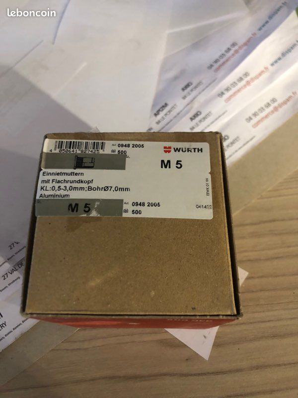 Boîte de 500 écrous à sertir M5 Würth Aluminium (Inserts filetés) - Neuf (image 1)