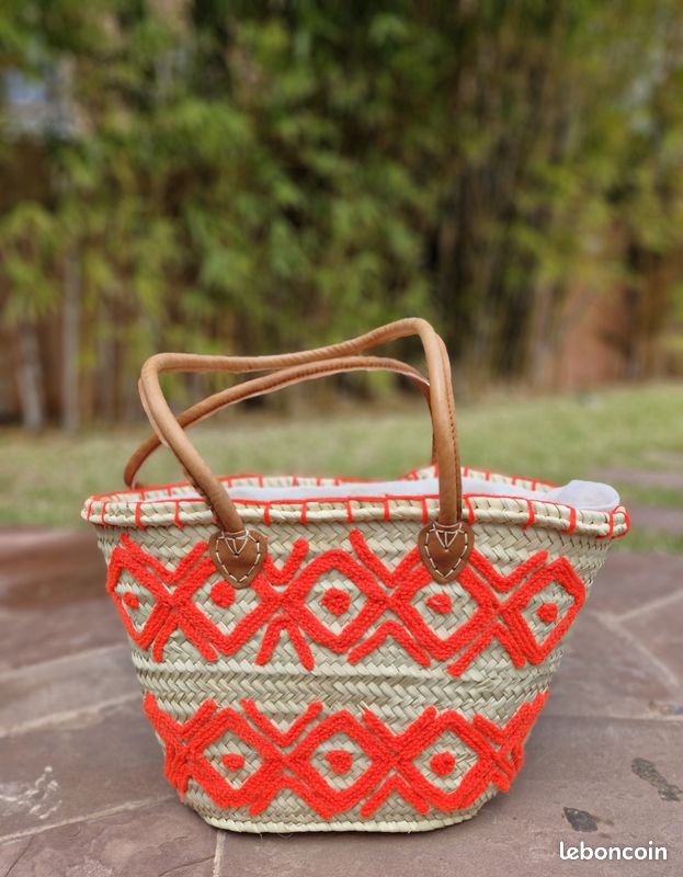 Panier Fourre-Tout en Paille et Cuir ORANGE – Sac Cabas Marocain