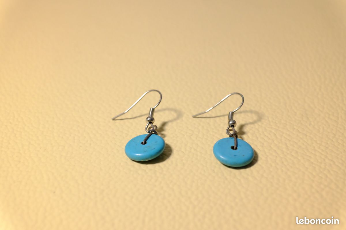 Boucles D'oreilles Pérou Terre Cuite Bleue Peinte Main - Artisanat Indien - Pendantes