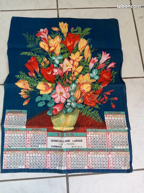 🧺 Rare Torchon Vintage Décor Marine - Calendrier 1969 - 100% Coton