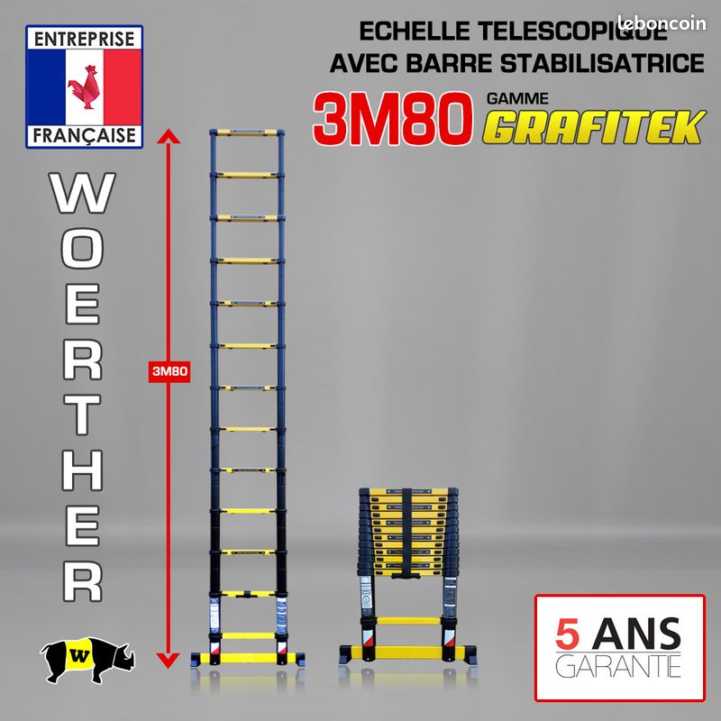Échelle Télescopique Woerther – 3,8 M De Hauteur, 13 Marches, Aluminium, Garantie 5 Ans