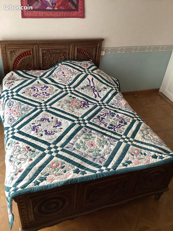 Couette vintage en coton faite main : couvre-lit en patchwork de losanges des années 1920 - Canada