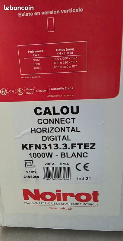 Radiateur électrique connecté Noirot Calou Horizontal 1000W Neuf et Sous garantie (image 2)