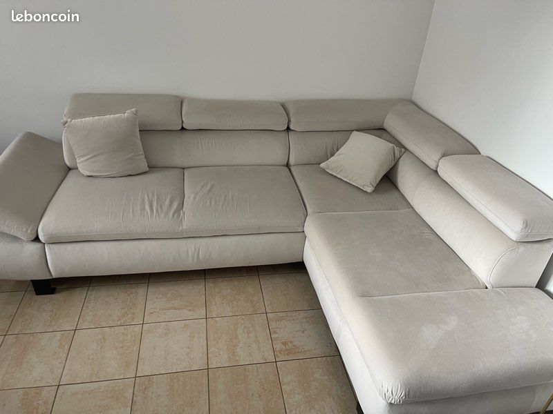 Canapé d’angles convertible en velours beige - Droit (image 3)