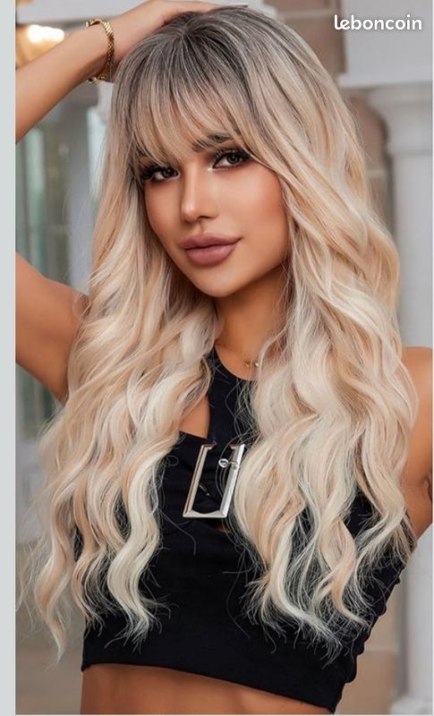 Perruque Synthétique Blond Clair Longue Ondulée Avec Frange - Bonnet Moyen, 4 Bonnets Inclus