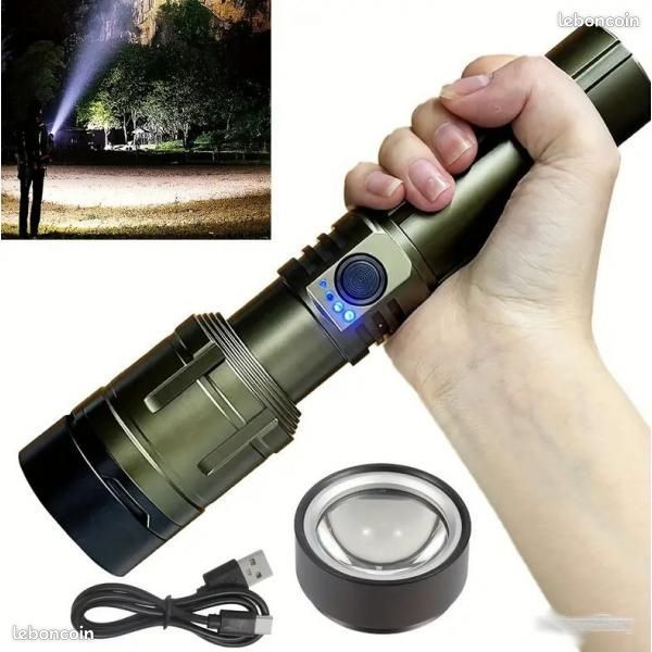 WholeFire Lampe de poche LED extrêmement lumineuse 10 0000 lumens, XHP90 USB Rechargeable Lampes de poche, 5 modes tactiques policières militaires IP65 étanche Lampe de poche d'extérieur avec batterie