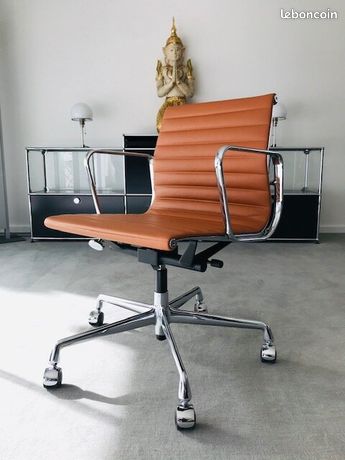 Chaise de Bureau Cuir Noir Livio Style Eames Alu Poli