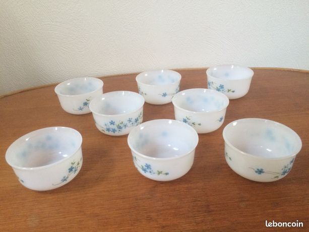 Lot De 19 Ramequins Vintage Arcopal Motif Myosotis Violettes - En Opaline Violette - Occasion En Bon état