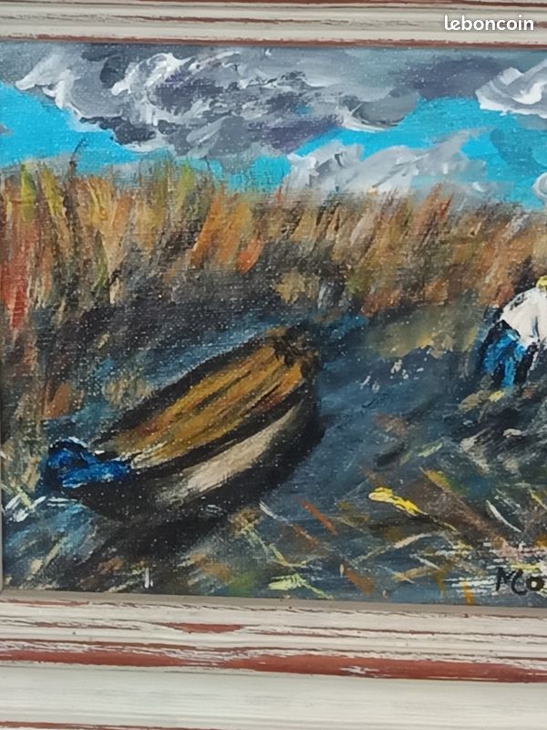 Petite huile sur toile encadrée représentant les roseaux de Gallician en Camargue (image 5)