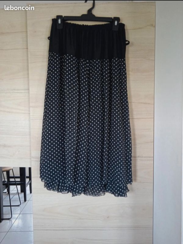 Jupe longue vintage style bohème chic, pois noir et blanc Vêtements