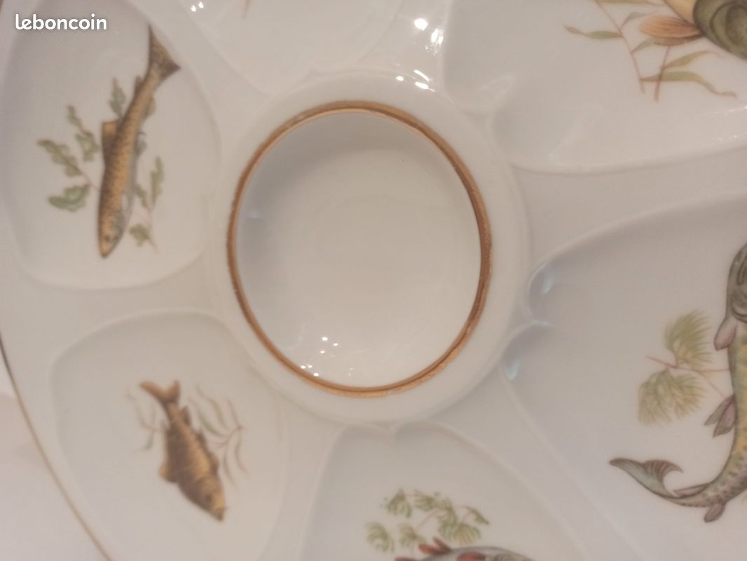 Lot De 5 Assiettes à Huîtres Anciennes – Weimar Allemagne, Porcelaine Fine, Bord Doré 24 Carats, XIXème