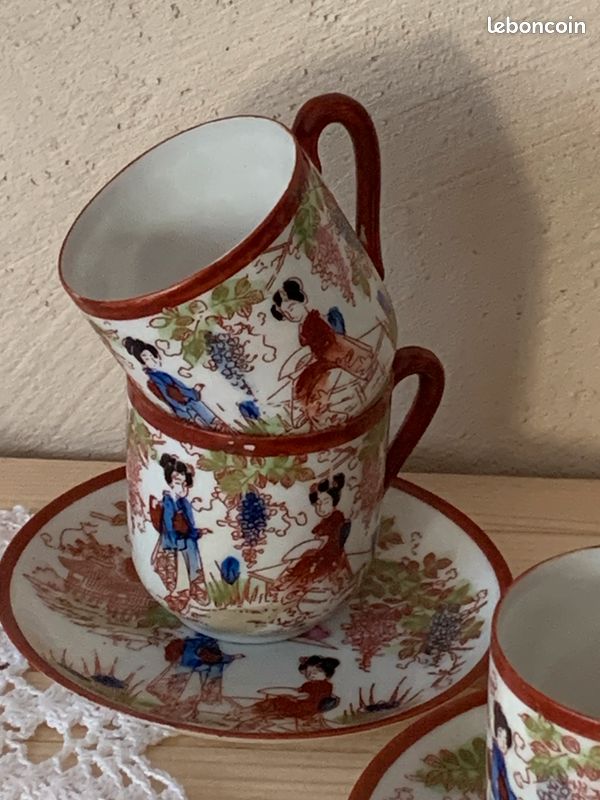 6 Tasses à Thé +Soucoupes Vintage Gheisha Porcelaine Ultra Fine (image 4)