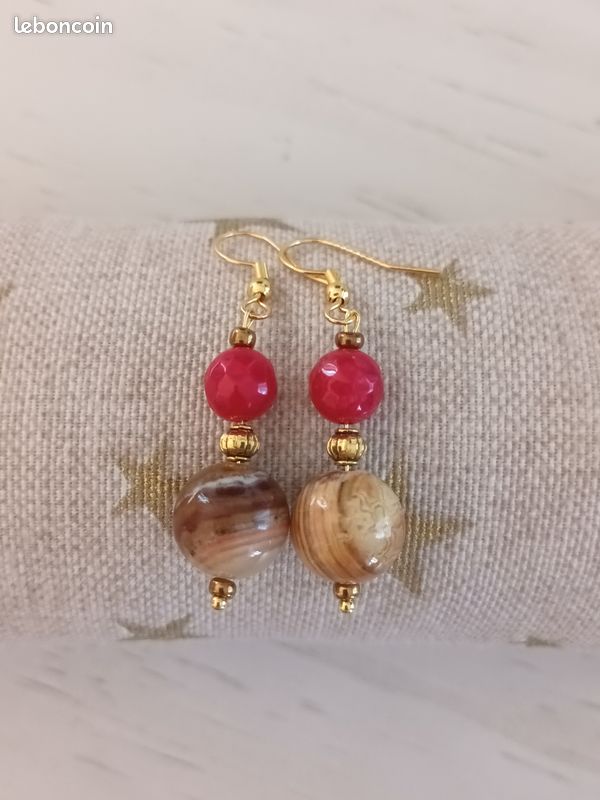 Boucles D'Oreilles Pendantes Bohème En Pierres Naturelles De Jade - Bronze - Neuf Avec étiquettes