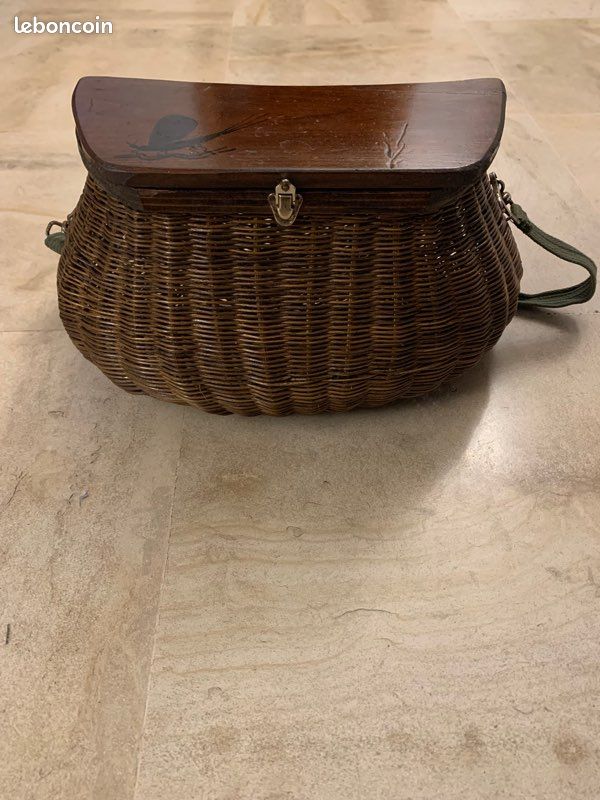 Panier De Pêche Vintage En Osier Creel – Avec Garniture Cuir, Style Rétro