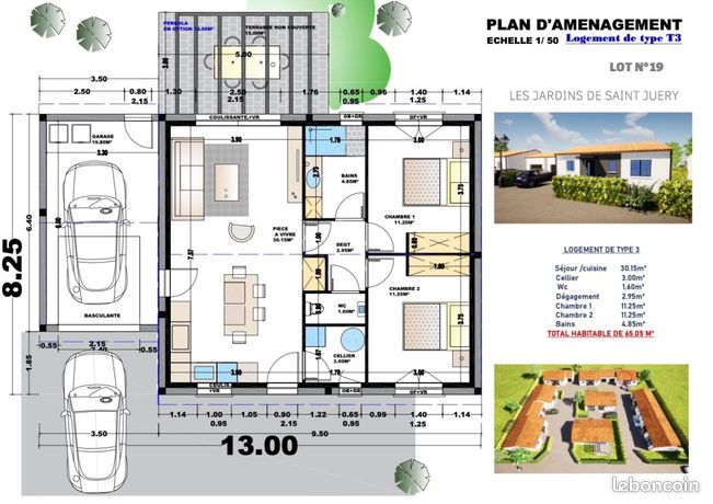 Propriété 3 pièces 65 m²