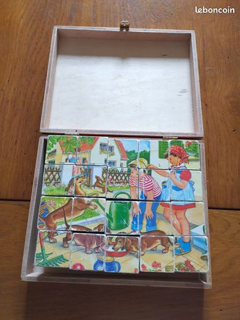 ANCIEN JEU DE cubes Pierrot poète boite bois EUR 15,00 - FR