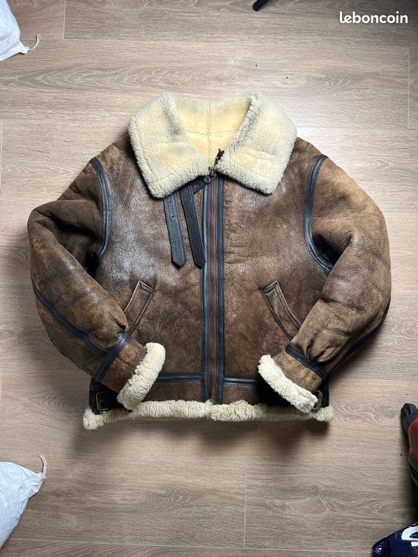 Blouson Bombardier Homme En Cuir Véritable – Avirex Style – Bleu Et Noir – Neuf