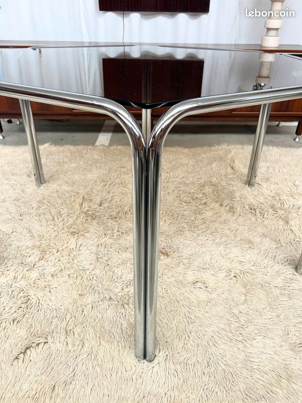 Table à manger vintage en chrome et verre, Roche Bobois