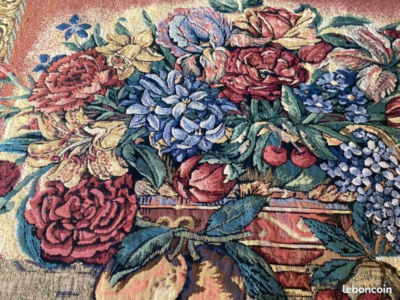 Grande Tapisserie Murale Vintage – Appliqué Fleuri 140x125cm – Made In France