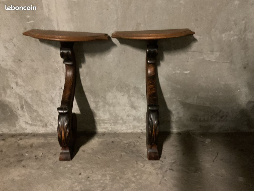 Petites étagères De Coin En Bois Sculpté Ancien – 2 Tablettes – #1022