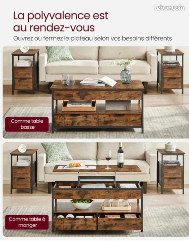 Table basse relevable et tiroirs, couleur bois (image 3)