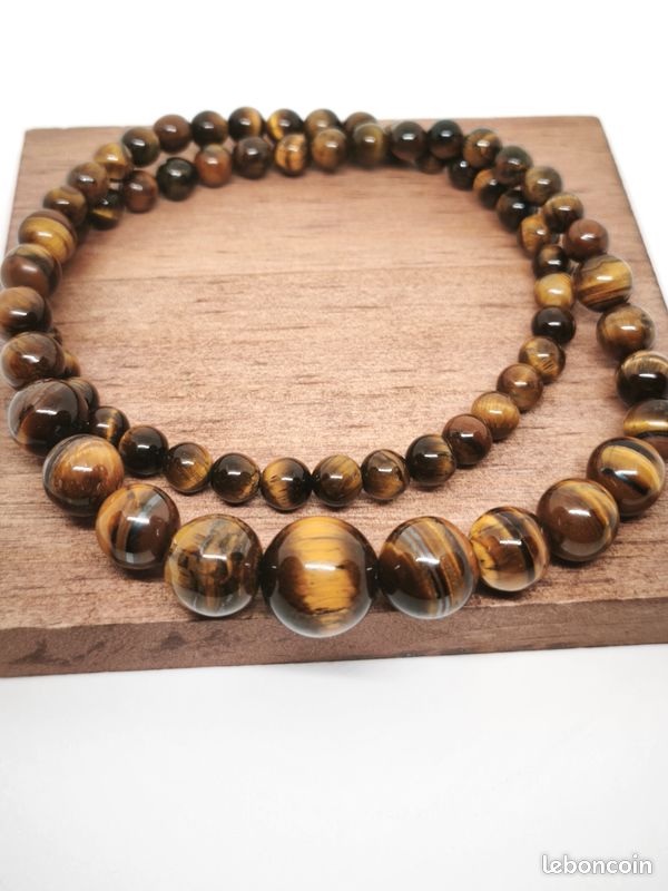 Collier En Oeil De Tigre Véritable Et Argent - Perle Ronde 42 Cm - Pierre Naturelle Chance
