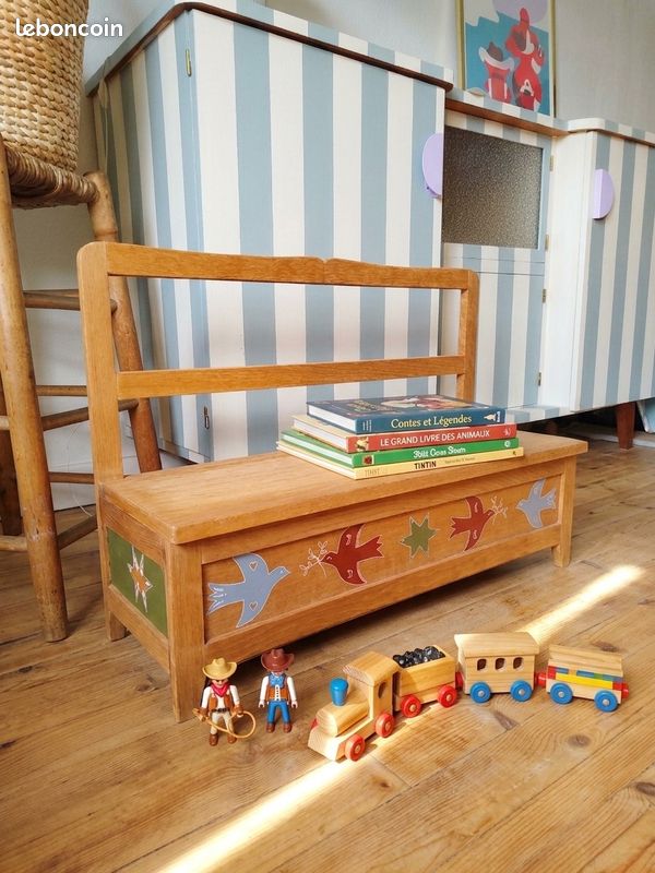 Ancien Banc-Coffre En Bois Massif – Rangement Rouleau – Style Vintage – 101x45x76.5cm