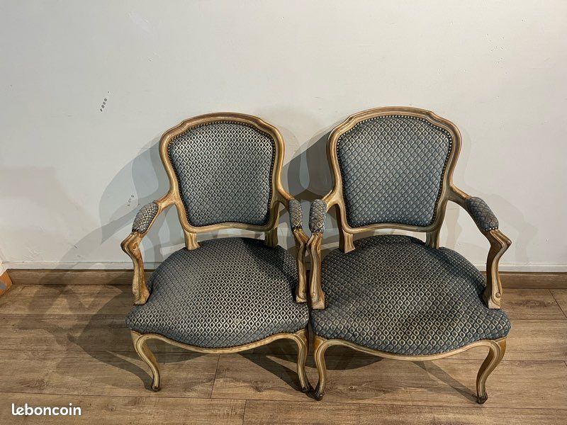 Lot De 2 Fauteuils Style Louis XV - Hêtre Noir/Gris - Tissu Coton D’Egypte (Neufs)