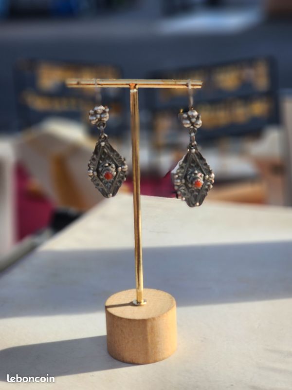 Boucles D'oreilles Traditionnelles Kabyles Ben Yenni - Argent Massif émaillé - Bijou D'occasion