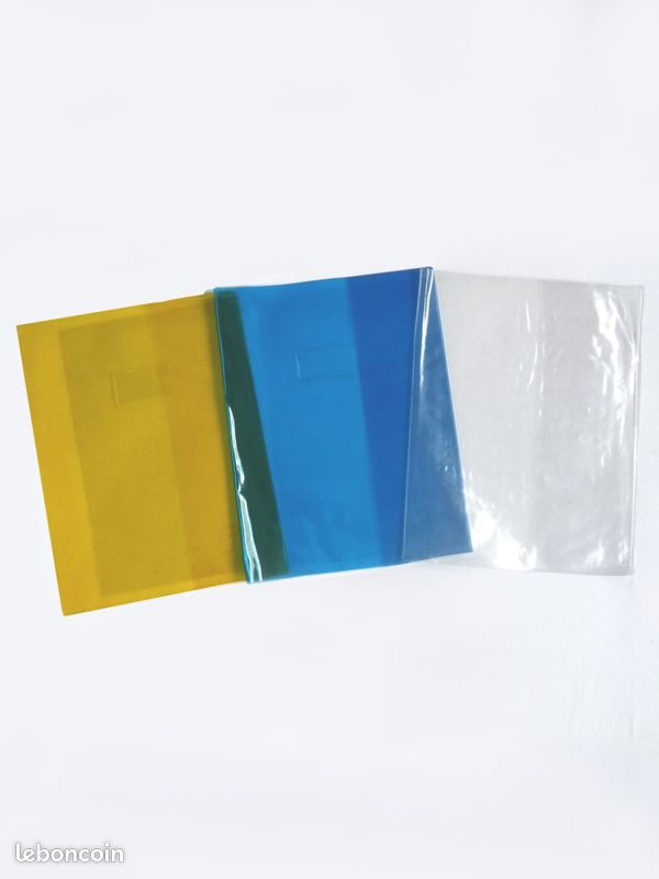 Lot 3 grands protège-cahiers 24x32 cm cristal Transparent Bleu Jaune Papèterie École Bureau (image 2)